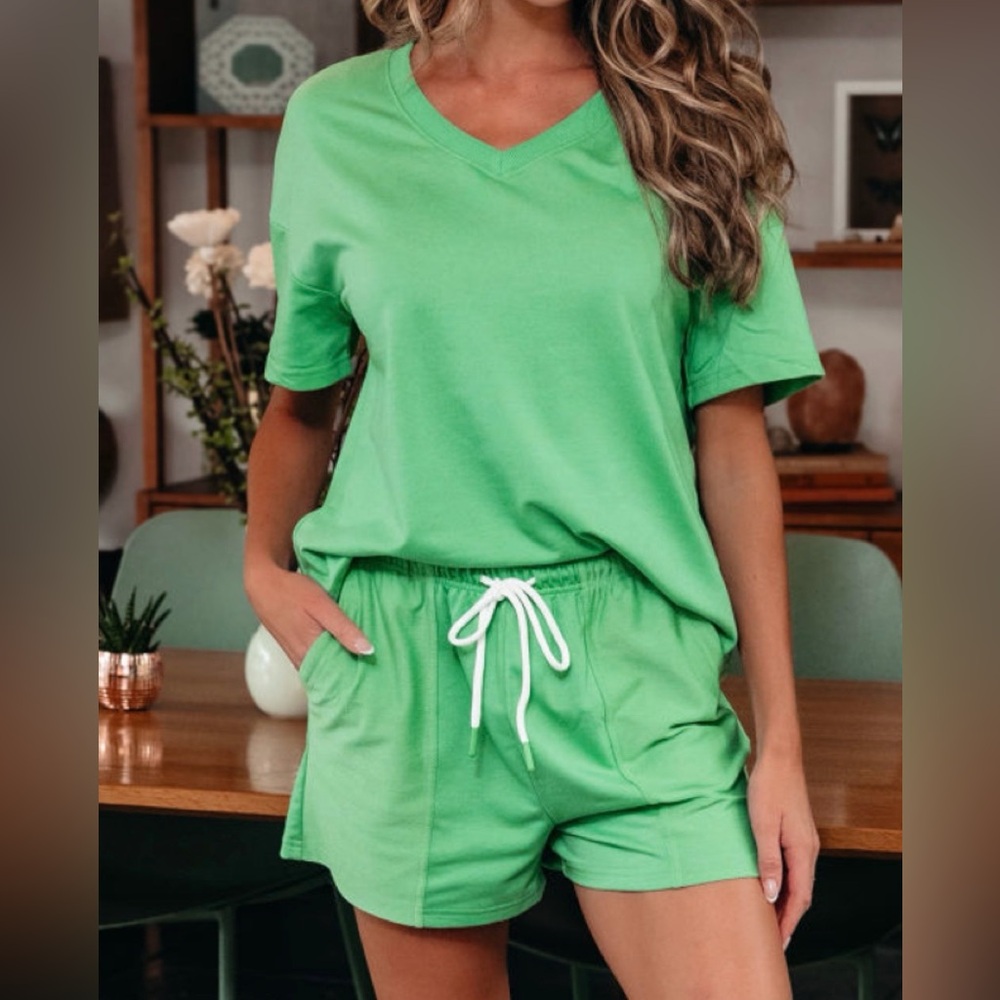 Green V-Neck Drawstring Lounge Set - Picture 3 of 3